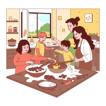 A warm kitchen filled with sunlight, where a family is baking a pecan pie together. In the center, a wooden table is covered with flour and various baking ingredients. A child is happily pouring chopped pecans into a mixing bowl, while a parent is rolling out dough with a rolling pin. Another family member is measuring out sugar, surrounded by scattered utensils. The walls are adorned with cheerful decorations, and a window reveals a view of a garden outside. The atmosphere exudes a sense of togetherness and joy as they work harmoniously to create the pie.