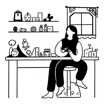 An Indian woman with long hair is seated at a wooden table in a small artisan workshop, carefully handcrafting jewelry. She is using a pair of pliers to shape intricate metal pieces. Various tools and materials are spread out around her, including beads, wires, and gemstones. In the background, shelves are filled with finished jewelry pieces, displaying a variety of designs. A small window allows light to filter into the workshop, casting soft shadows on the table.