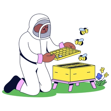 A beekeeper wearing a white protective suit with a mesh veil is kneeling beside a wooden bee hive. The suit has long sleeves and elastic cuffs to keep bees out. The beekeeper is carefully lifting a frame from the hive, revealing hexagonal wax cells filled with honey and bees. There are bees buzzing around the hive, some resting on the frame being inspected. The setting includes green grass beneath the hive and a few flowers blooming nearby.