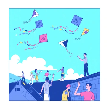 A blue sky is filled with various colorful kites soaring high above. The kites are in different shapes and sizes, some with long tails fluttering in the wind. Below, people are gathered on rooftops and in open spaces, actively flying their kites. Some individuals are holding colorful string spools, while others celebrate with excitement. Bright sunlight illuminates the scene, casting vibrant shadows on the ground.