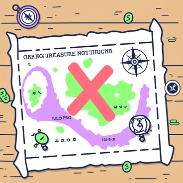 An old pirate map is spread out on a wooden table. The map features intricate drawings of islands, mountains, and sea routes. In the center of the map, there is a large red "X" marking a location, where the text "Error: Treasure Not Found" is prominently displayed above the "X." The edges of the map are tattered and worn, showing signs of age, while there are compass rose and decorative elements surrounding the central markings. A few coins and a compass lie nearby on the table, adding to the treasure hunting theme.