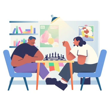 Two players with concentrated expressions are sitting across from each other at a wooden chess table, fully engaged in a tense chess game. One player has short, dark hair and is wearing a black t-shirt, while the other has long, curly hair and is dressed in a white button-up shirt. The chessboard in front of them is filled with an intricate arrangement of black and white pieces. In the cluttered room behind them, there are stacks of books on a shelf, a colorful rug on the floor, and a large poster of a famous chess tournament hanging on the wall, adding to the intellectual atmosphere. A dim lamp casts a warm glow over the chessboard, highlighting the players’ intense focus on the game.