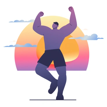 A silhouette of a person is positioned in the foreground, performing lateral raises with their arms extended upward. The individual has a defined posture with their legs slightly apart, showcasing strength and focus. In the background, a vibrant sunset fills the sky with a gradient of warm colors, including shades of orange, pink, and purple. The sun is partially visible, creating a striking contrast against the silhouette. Wispy clouds diffuse the light, adding depth to the scene. The overall composition highlights the dynamic movement of the person against the breathtaking backdrop of the sunset.