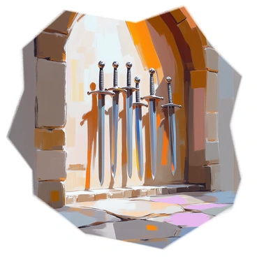 A collection of medieval swords is prominently displayed on the stone wall of an ancient hall. The swords vary in design, showcasing different blade shapes and hilt styles. Each sword is secured in its own intricate mount, enhancing its unique features. The wooden wall behind the swords is weathered and rustic, with visible signs of age and history. Dim light filters through arched windows, casting soft shadows across the hall, highlighting the elegant craftsmanship of the blades. The floor is made of large, uneven stones, adding to the historical atmosphere of the setting.