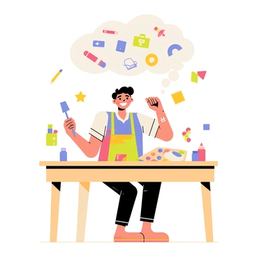 An artist surrounded by floating vector icons and design elements in a thought cloud