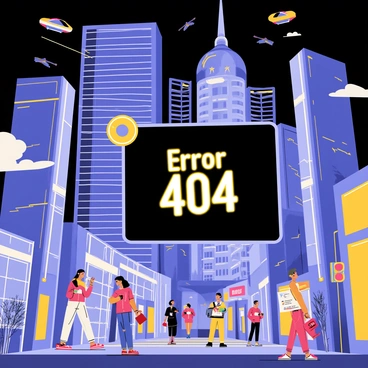 A futuristic cityscape with a holographic display showing 'Error 404'