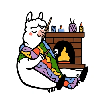 A llama with fluffy white fur sitting comfortably in front of a crackling fireplace. The llama has a relaxed expression and is holding knitting needles in its front legs, working on a colorful blanket made of various vibrant yarns. The background features a warm, wooden interior with a few decorative items on the mantelpiece above the fireplace. The flames flicker warmly, casting a soft glow on the llama and the blanket it is creating.