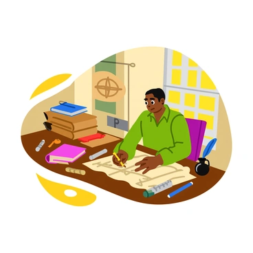 A cartographer sitting at a wooden desk, carefully drawing maps with a pencil. The desk is cluttered with various compasses of different sizes, a stack of rolled ancient charts, and a few opened reference books. The cartographer is focused, with an ink pot and quill pen beside them. Sunlight streams through a nearby window, illuminating the intricate details on the maps and creating a warm atmosphere. Various drawing implements, such as rulers and erasers, are scattered around the workspace.