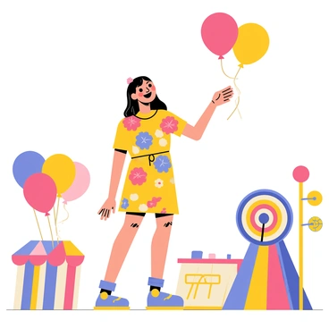 A girl with long, flowing hair stands at a vintage fair, smiling joyfully. She is wearing a colorful dress adorned with floral patterns. Surrounding her are an array of bright, floating balloons in various shapes and colors. Nearby, there are several carnival games, including a ring toss and a dartboard, each decorated with cheerful signs. The atmosphere is lively, capturing the excitement of the fair. The girl reaches out to touch one of the balloons while enjoying the vibrant scene around her.
