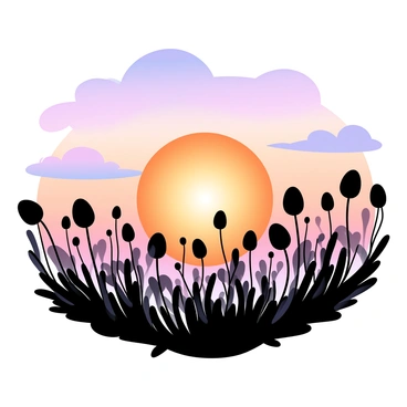 A field of poppies is stretching across the foreground, their dark silhouettes contrasting against the vibrant sky. The sunset sky is filled with gradient shades of orange and purple, creating a dramatic backdrop. The poppies are standing tall, their delicate forms clearly defined against the glowing colors of the sunset. Soft clouds are scattered in the sky, reflecting the warm hues of orange and the cool shades of purple. The overall composition creates a striking visual of nature's beauty during dusk.