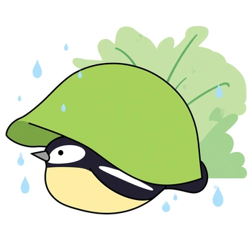 A small chickadee with black and white feathers is nestled under a large, bright green leaf. The chickadee's round body is fluffed up to stay warm, and its tiny beak is slightly open. Delicate droplets of rain are falling from the sky, creating a soft pattering sound as they hit the ground. The large leaf provides a protective canopy, catching the rainwater and forming small beads of water that glisten on its surface. The background features a blurred view of other greenery, adding to the sense of a gentle rain shower.