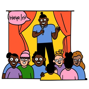 A comedian with light skin and short black hair is standing on a brightly lit stage, holding a microphone in one hand and gesturing with the other. He is wearing a blue t-shirt and black pants, displaying a confident smile as he delivers jokes. In front of him, an enthusiastic audience is seated, with diverse individuals laughing and clapping. Some audience members have big eyes, and their expressions show joy and amusement in response to the performance. The stage features a red curtain in the background, adding to the lively atmosphere of the comedy show.