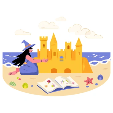 A witch with long flowing black hair and a pointy hat is building a sandcastle on a magical beach. The sandcastle is large and intricately designed, featuring towers and a moat. Nearby, an open spellbook lies in the sand, with glowing symbols and illustrations visible on its pages. The beach has vibrant, colorful seashells scattered around, and the ocean waves sparkle in various shades of blue and green. In the sky above, fluffy white clouds drift lazily, adding to the enchanting atmosphere of the scene.