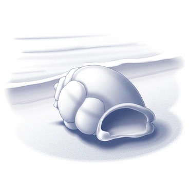A conch shell is prominently positioned on a sandy beach. The shell is detailed, showcasing its spiral shape and textured surface. Surrounding the shell, the fine grains of sand create a smooth, soft landscape. In the background, gentle waves are lapping at the shore, with a rhythmic motion that suggests a tranquil atmosphere. The scene captures the essence of a peaceful beach environment.