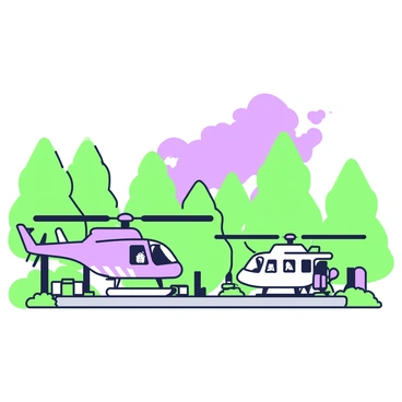 A helicopter pad is situated at a forest firefighting base, surrounded by tall trees with dense foliage. On the pad, there are two helicopters; one is a large transport helicopter, painted with markings indicating it is used for firefighting, and the other is a smaller, nimble helicopter ready for quick deployment. In the distance, smoke billows from a forest fire, creating a dramatic contrast against the green trees. There are fire suppression equipment and supplies neatly arranged nearby, including hoses and water tanks, indicating readiness for action. The sky is hazy, tinted with the effects of the fire, which adds depth to the scene.