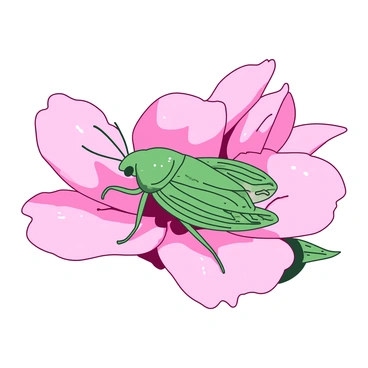 A green cicada is resting on a pink flower petal. The petal is softly curved and slightly damp from the morning dew. The cicada's wings are partially spread, catching the light, and its body is positioned comfortably on the petal's surface. A few more pink petals are visible in the background, swaying delicately in the gentle breeze, while a light green leaf is nearby, adding to the natural setting.