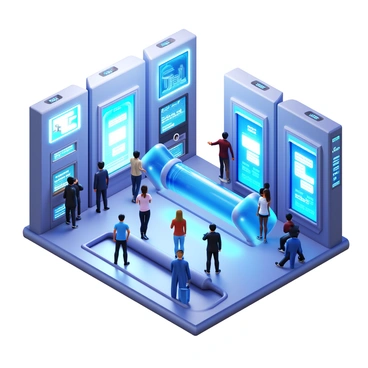 A futuristic teleportation station with sleek, metallic surfaces and glowing blue accents. The station is bustling with travelers in modern attire, some appearing as shimmering silhouettes and others fading into thin air. Large digital screens display information and vibrant holographic advertisements. Transparent tubes connect different areas, and there are pods that open and close with a soft hum, facilitating the teleportation process. The atmosphere is filled with energy and movement as people engage in conversations and navigate through the busy space.