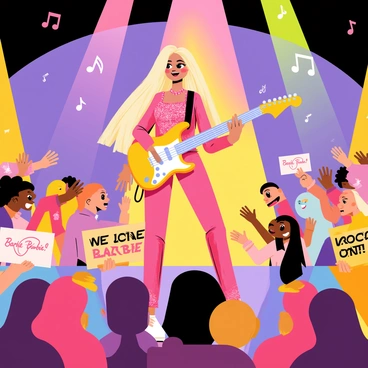A cartoon-style illustration of "Barbie" standing on a stage, playing an electric guitar. She has long blonde hair and is wearing a shiny pink outfit adorned with sparkling sequins. The stage has colorful lights shining down on her, creating a vibrant atmosphere. In front of her, an enthusiastic crowd of diverse cartoon-style characters is cheering and waving their hands. Some audience members are holding signs with phrases like "We Love Barbie!" and "Rock On!" The background is filled with musical notes and vibrant colors that enhance the lively setting.