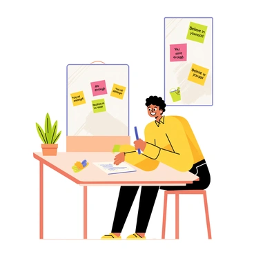 A person sitting at a wooden desk, writing positive affirmations on colorful sticky notes. The notes are bright yellow, pink, and green. The individual is focused and smiling, holding a blue pen. In the background, a large mirror is hanging on the wall, with several sticky notes already placed around it. The notes feature motivational phrases like "You are enough" and "Believe in yourself." A small potted plant sits on the desk, adding a touch of greenery to the scene. The room is well-lit and inviting.