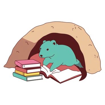 A teal prairie dog is nestled comfortably inside a cozy burrow that is lined with tiny books of various colors. The burrow walls are soft and earthy, providing a warm atmosphere. The prairie dog is sitting on a small, plush cushion, holding a miniature book open in its paws, with an engaged expression on its face. Surrounding the prairie dog are stacks of tiny books, each with different colorful spines, adding to the charm of the scene. A gentle beam of light filters into the burrow, illuminating the prairie dog and casting soft shadows on the walls.