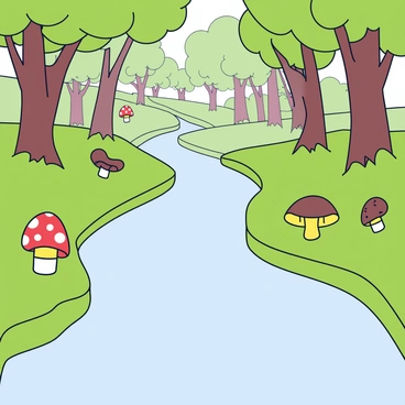 A gentle stream flowing through a lush green forest. The water is clear and reflects the surrounding trees. Lining the banks of the stream are small, colorful mushrooms in various shapes and sizes. Some mushrooms are red with white spots, while others are brown and yellow. The forest is filled with tall trees that have thick trunks and leafy canopies, creating dappled sunlight on the forest floor.