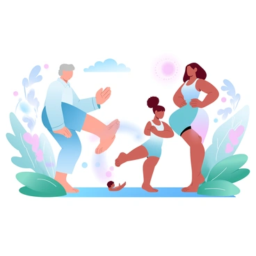 A family of three generations is engaged in hip circle exercises in a vibrant garden. The grandmother, wearing a comfortable light-colored shirt and yoga pants, is demonstrating the exercise with a gentle stance. Next to her, the mother, dressed in a bright pastel tank top and matching leggings, is following along with a focused expression. The child, in a playful colorful outfit, mimics their movements with enthusiasm. Surrounding them are lush green plants and blooming flowers, creating a lively atmosphere. The sun casts a soft glow over the scene, enhancing the cheerful mood of the family activity.