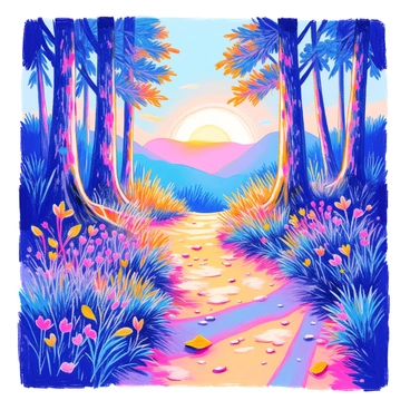 A winding forest path is surrounded by tall, lush green trees with a variety of leaf shapes. The path is made of earthy brown soil, lined with small stones and patches of grass. "Golden rays of a setting sun" filter through the canopy, creating dappled light on the ground. The scene includes delicate wildflowers blooming along the edges of the path in hues of purple and yellow. A few fallen leaves are scattered across the path, adding texture to the earthy tones. The atmosphere invites exploration, with shadows stretching gently as the sun sets.