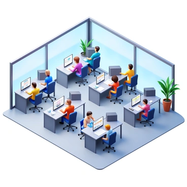 A spacious open-plan office with several rows of modern desks. Each desk is equipped with computers and essential office supplies. Employees of diverse backgrounds are focused on their screens, engaged in various tasks. Some individuals are collaborating in small groups, discussing ideas, while others are working independently. There are large windows allowing natural light to flood the space, and plants are strategically placed around the office to enhance the environment.
