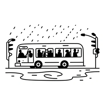 A city bus is driving down a wet street during a rainstorm. The bus has distinct markings and windows showing silhouettes of passengers inside. Rain is pouring down, creating a misty atmosphere. Puddles formed on the pavement reflect the bus and surrounding buildings. Raindrops splash as they hit the surface of the water. Nearby, streetlights and traffic signals are partially obscured by the rain, adding to the urban setting.