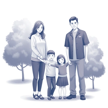 A family of four stands together in a park setting, surrounded by green trees and grass. Each family member is wearing matching Gant outfits, featuring coordinated patterns and styles. The parents stand on either side of their two children, with smiles on their faces, showing a sense of happiness and togetherness. The mother has long hair falling over her shoulders, while the father stands tall with a friendly expression. The children, a boy and a girl, are playfully positioned in the center, with arms around each other. The background features a clear sky and playful shadows cast by trees, adding depth to the scene.