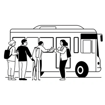 A bus driver wearing a company uniform, consisting of a dark jacket and matching pants, stands at the entrance of a bus. He is smiling and extending his right hand in a friendly greeting towards a group of passengers. The bus has large windows and is parked by the curb, while a few passengers, including an elderly man with a cane and a young woman carrying a backpack, are boarding the bus. The scene captures the interaction and welcoming atmosphere at a bus stop.