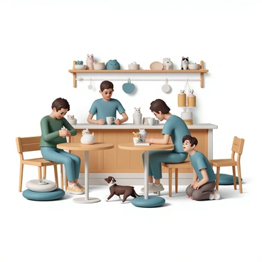 A cozy pet cafe where millennials enjoy coffee while petting cute cats and dogs