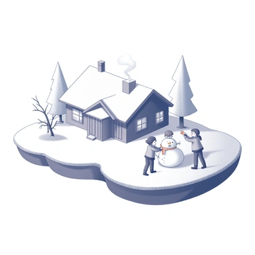 A floating island covered in a thick layer of snow. At the center of the island, there is a cozy cabin with a chimney, emitting soft wisps of smoke. Surrounding the cabin are several snow-covered trees with branches weighed down by the snow. In the foreground, a group of children are joyfully building a snowman, with one child holding a scarf, another placing a carrot for the nose, and a third rolling a large snowball to form the base of the snowman.