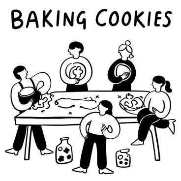 A group of children gathered around a large wooden table, each holding a mixing bowl filled with cookie dough. Flour dust is scattered across the table and the floor, creating a playful atmosphere. One child is rolling out the dough with a rolling pin, while another is using cookie cutters to shape the dough into stars and hearts. Nearby, a tray filled with unbaked cookies awaits the oven. In the background, there are jars of colorful sprinkles and chocolate chips. The words "Baking Cookies" are prominently displayed above the scene.