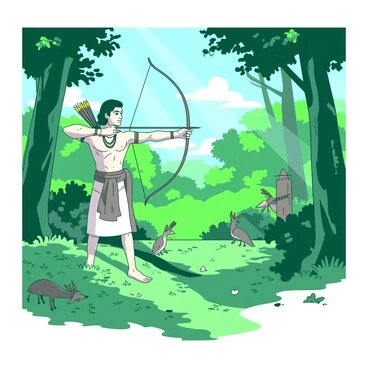 Rama and Lakshmana are standing in a lush green forest, practicing archery. Rama, wearing a traditional outfit, holds a bow with a focused expression, aiming at a distant target. Lakshmana is beside him, nocking an arrow to his bowstring, also dressed in similar attire. Tall trees and dense foliage surround them, with rays of sunlight filtering through the leaves, creating a dappled light effect on the forest floor. In the background, there are hints of wildlife, such as birds perched on branches and a deer peeking from behind a bush. The atmosphere conveys a sense of concentration and skill as both brothers engage in their practice.