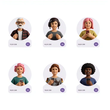 A series of illustrated portraits featuring diverse characters. Each character has a distinct appearance that represents their personality. One character is an elderly man with a white beard wearing glasses and a plaid shirt, holding a vintage rotary phone. Another character is a young woman with bright pink hair wearing a graphic t-shirt and headphones, looking at her smartphone. A middle-aged woman with curly hair and colorful earrings is smiling while holding a smartphone with a unique case. Each portrait includes a clear display of a unique phone number next to the character. The background of each portrait is simple to keep the focus on the characters and their phones.