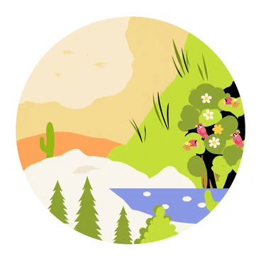A circular collage showcasing various ecosystems, starting with a sandy beige desert on one segment, featuring cacti and rolling dunes. Adjacent to it is a bright green savanna with tall grasses and acacia trees. Another segment displays a lush, dense rainforest with tall trees and colorful flowers, alongside vibrant wildlife like parrots and monkeys. The collage continues with a snowy tundra, characterized by white ground cover and evergreen trees. Each ecosystem is seamlessly blended into the next, with distinct borders illustrating the transition. The overall composition is colorful and vibrant, capturing the diversity of life across these different environments.
