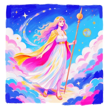 A goddess named "Mercury" stands tall, adorned in a flowing robe that shimmers like liquid silver. She has long, flowing hair that appears to be caught in a gust of wind, giving a sense of movement and speed. Her feet are adorned with winged sandals, symbolizing her swift nature. In her right hand, she holds a staff topped with a winged emblem, representing travel and communication. Surrounding her are clouds that swirl with vibrant shades of blue and white, creating a dynamic atmosphere. In the background, a trail of stars marks her path through the sky, indicating her journey across the heavens. Various symbols of travel, such as a globe and a compass, are subtly integrated into the scene, enhancing the theme of exploration.