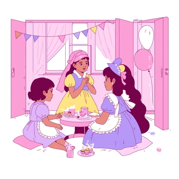 A pink playroom filled with colorful decorations has several kids dressed in various lolita costumes. One child is wearing a yellow frilly dress adorned with lace and ribbons, while another is in a blue and white outfit featuring a large bow on the back. Nearby, a child sports a purple dress with a matching bonnet, complete with intricate patterns. They are all gathered around a small table set with pastel-colored snacks and drinks. The atmosphere is lively, with balloons and streamers hanging from the ceiling.