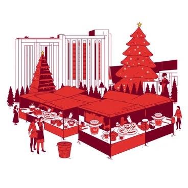 A red festive holiday market is set up outside a large building, featuring Rockefeller Center. Numerous vendor stalls are arranged in a semicircle, each adorned with colorful decorations. The stalls showcase a variety of handmade gifts, including intricately crafted ornaments and cozy knitted scarves. Sweet treats are displayed prominently, including jars of homemade jams and boxes of decorated cookies. People are browsing the stalls, some holding cups of warm drinks, and a large holiday tree with twinkling lights stands majestically in the background.