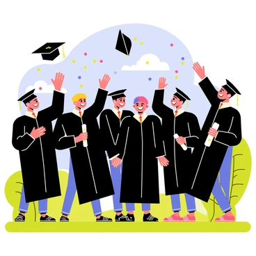 A group of graduates wearing black caps and gowns are celebrating their graduation at an outdoor ceremony. The graduates are joyfully tossing their caps in the air. Colorful confetti is scattered around them, and they are smiling and embracing each other. Bright green grass and trees create a lively background, while a blue sky with fluffy white clouds adds to the cheerful atmosphere. Some graduates are holding diplomas in their hands, showcasing their achievements.