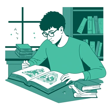A teal student with glasses is sitting at a wooden table in a library's special collection room. The student is intently examining an open old illustrated book, which features intricate drawings on yellowed pages. Surrounding the student are several closed books with ornate covers stacked neatly. Soft light filters through a nearby window, illuminating the dust motes in the air. A shelf behind the student is filled with more illustrated books, showcasing their colorful spines.