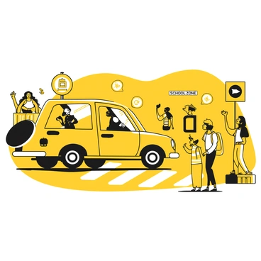 A vehicle is approaching rapidly, nearly colliding with a child who is standing at the edge of a crosswalk. The child is wearing a bright yellow backpack and looking startled. In the background, a school building is visible with a sign that reads "School Zone." Nearby, a group of concerned adults, including a parent and a crossing guard, are watching the scene with worried expressions, their hands raised in alarm. The overall atmosphere captures the tension of the moment as the vehicle and the child are positioned closely together.