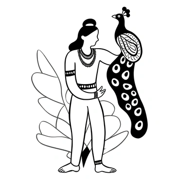 A figure of "Shiva" depicted in a graceful pose, gently holding a "peacock" with an elaborately detailed plumage that showcases intricate patterns. The peacock's feathers are fanned out, displaying a variety of shapes and textures. Shiva is adorned with traditional ornaments, and the posture conveys a sense of tranquility. The background is minimalistic to emphasize the figure and the peacock.