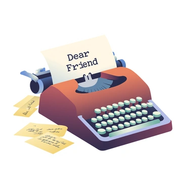 A vintage typewriter with a deep brown finish is positioned in the center of the image. A white sheet of paper is partially emerging from the typewriter, with the text “Dear Friend” typed at the top. Scattered around the typewriter are several yellowed letters, some with visible handwritten notes and elegant cursive writing. The letters are slightly crumpled, giving a sense of nostalgia. The scene is softly illuminated, enhancing the warm tones of the typewriter and letters.