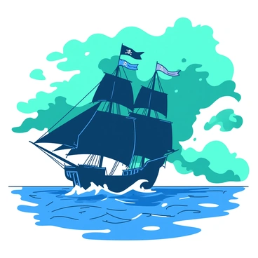 A duotone pirate ship with billowing black sails is sailing across a vibrant blue sea, cutting through the waves. The ship is adorned with various pirate flags fluttering in the wind. The water is a deeper shade of blue, contrasting with the ship's colors. Above, a dramatic sky filled with swirling clouds in shades of teal creates a sense of movement and energy. The sun is partially hidden, casting dynamic shadows across the ship and the waves. The scene captures the adventurous spirit of the pirate journey.