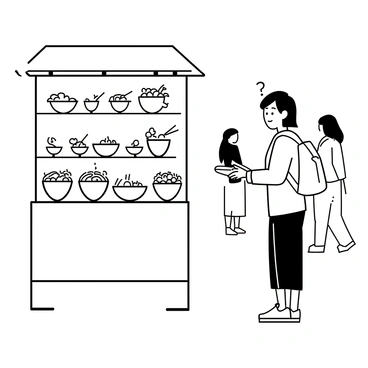 A stranger standing in front of a food cart, intently looking at the assortment of dishes showcased. The food cart is filled with a variety of options, including skewers, fried snacks, and bowls of steaming noodles, all arranged neatly. The stranger has a curious expression, wearing a casual outfit with a backpack slung over one shoulder. The scene captures the vibrant atmosphere of a bustling street market, with pedestrians in the background.