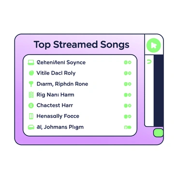 A digital leaderboard displays the top-streamed songs and artists. The leaderboard is rectangular in shape, with a green border outlining it. In the center, there are several rows listing song titles in prominent font, each accompanied by the artist's name positioned beside it. Each entry has a small green icon indicating the song's genre. Above the list, there is a large title in bold that reads "Top Streamed Songs". The background of the leaderboard is a subtle gradient transitioning between shades of green and purple, enhancing the visibility of the text and icons.