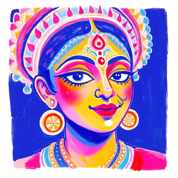 A close-up of a Kathakali dancer's face reveals intricate makeup showcasing vibrant colors and detailed patterns. The dancer's eyes are accentuated with bold eyeliner and decorative designs around them. The lips are painted in deep red, forming a strong expression. The skin is beautifully highlighted, emphasizing the traditional elements of the art form. The dancer's headdress features elaborate motifs, adding to the overall dramatic effect. Each expression on the dancer's face conveys a powerful emotion, reflecting the story being told through this traditional dance.