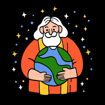A strong figure of Zeus with light skin and long white hair, wearing a flowing robe. He is gently cradling a detailed, vibrant globe of the Earth in his large hands. The globe features green continents, blue oceans, and white clouds. Surrounding him are numerous sparkling stars scattered across a deep, dark background, creating a cosmic atmosphere. Zeus's expression is calm and nurturing as he looks down at the Earth.